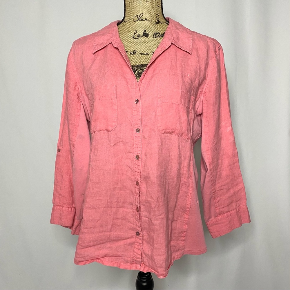 Eileen Fisher Coral Button Up Linen Cotton Top